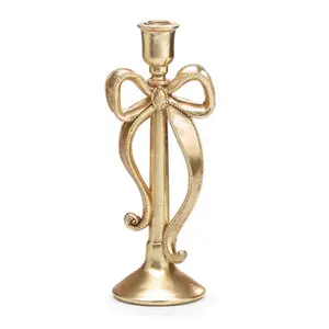 Gold Bow Taper Candle Holder Large, 11.75 Inch Statement Candle Stick, Vintage Glam Decor, Elegant Gold Accent