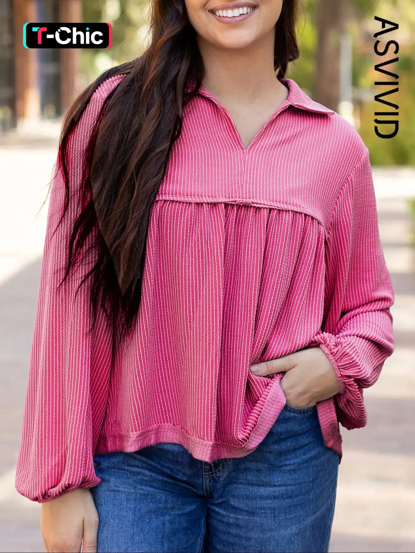 Women's Plain Pleated Foldover V-Neck Bubble Sleeves Doll Shirt Blouse, Long Sleeve Casual Top for Spring & Fall