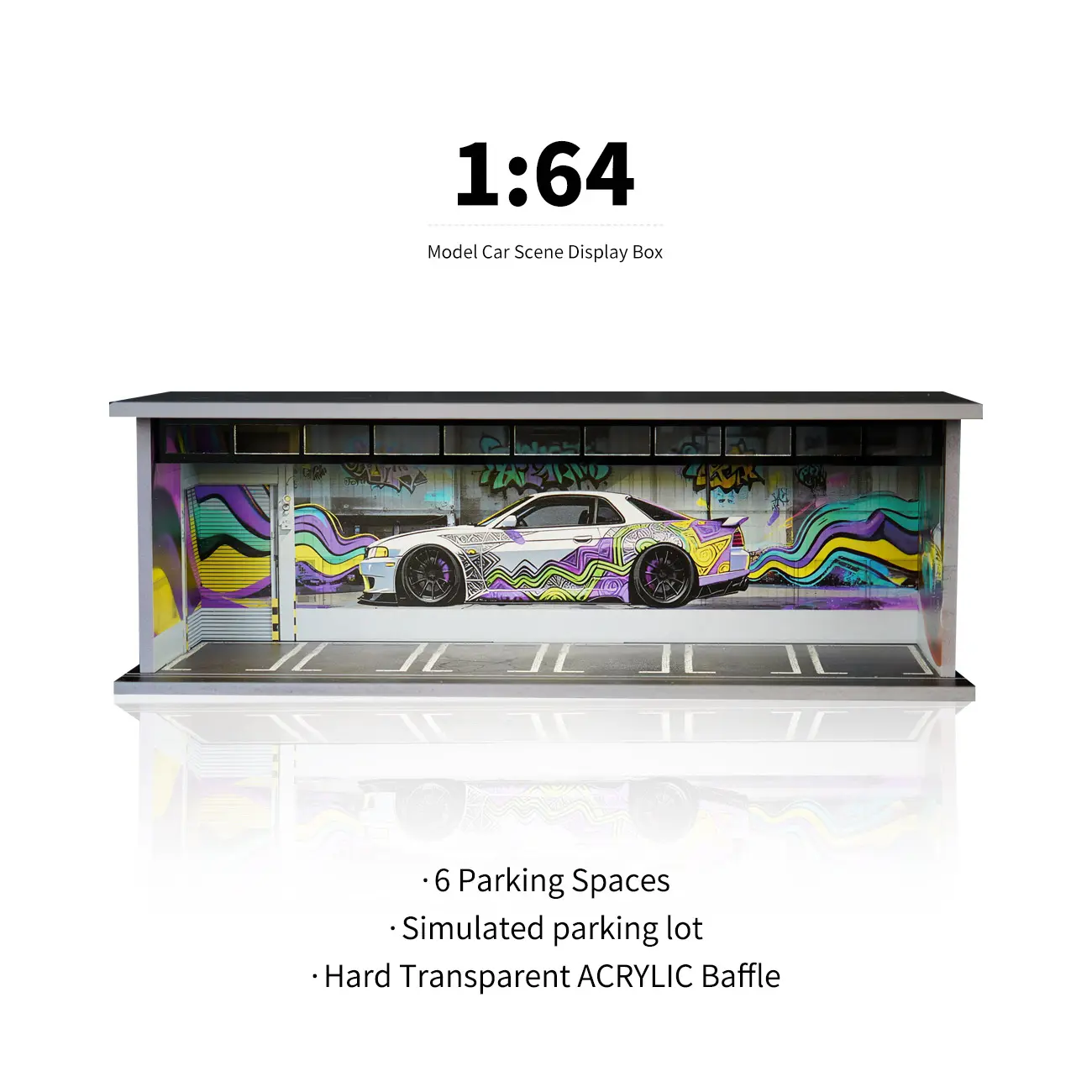 Light-Up 1:64 Diecast Garage Display | 6-Car Parking Diorama with Clear Acrylic Shield & Dust Proof Design