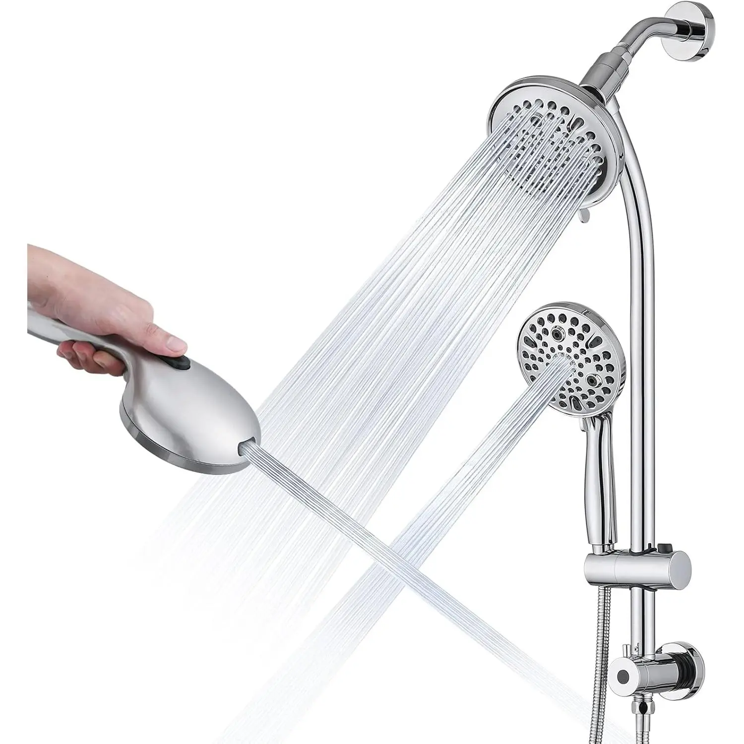Rainfall Shower  with Handheld Shower Spray, with 26" Drill Free Adjustable Height Slider Bar, High  Dual Shower  Combo, 3-Way Diverter for Easy Reach, 5Ft Hose - Chrome Finish