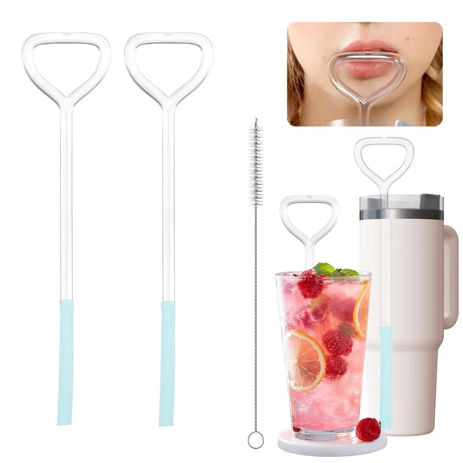Viral Anti Wrinkle Straws, Heart Shaped Glass Lip Straws to Prevent Lip Lines, 2 Straws + 1 Brush Set for Stanley 40oz Tumblers, Tumbler Accessories, Drinking Gadgets