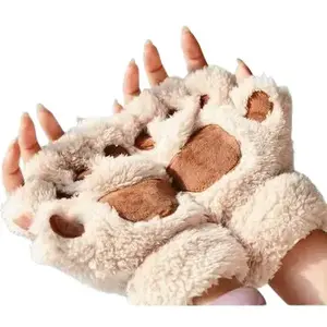 Autumn And Winter Student Plush Cat's Paw Half Finger Gloves For Men And Women
