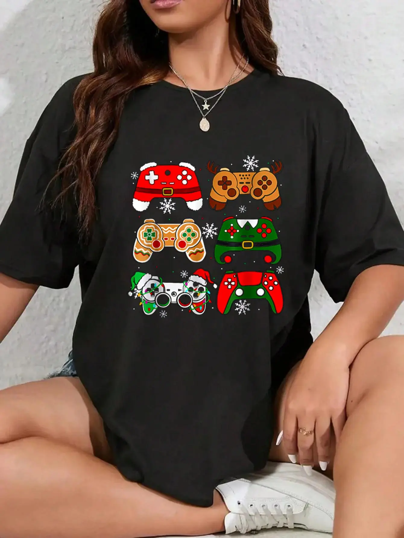 100% Cotton Unisex Boys Christmas Shirt Santa Elf Gaming Controllers Gamer Xmas T-Shirt,Women's T-shirt Christmas Happy Snowflake Fun Pattern