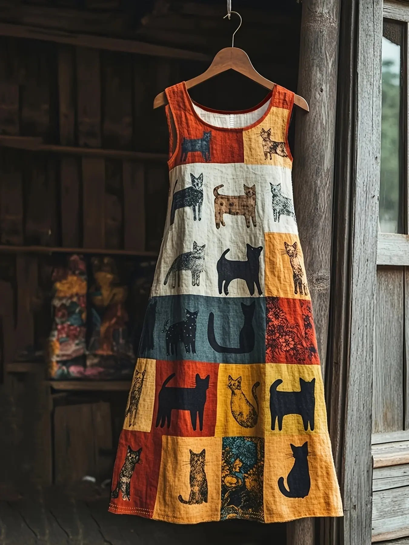 Cat Print Patchwork Sleeveless Midi Dress Plus Size Casual Loose Fit Dress, Lightweight Breathable Fabric, Y2K Clothes Summer Vacation Outfits, Vibe, Trendy Boho Bohemian Dresses, Stylish Animal Pattern Detail Party Casual Dresses, Women