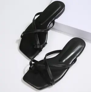 Women's Summer PU Leather Flat Flip Flops Comfortable Lightweight Square Open Toe Slip-on Sandals
