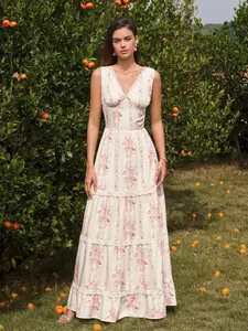 Parthea Women's V-Neck Backless Smocking Lace Trim Casual Cake Dress, Ideal for Garden Afternoon Tea, Art Exhibitions