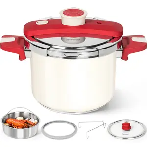 MICHELANGELO 3.2/6.3/8.5 Quart Stainless Steel Stovetop Pressure Cooker, 3-in-1 Pressure Pot with Glass Lid & Steamer, One-Hand Locking System, Induction Compatible, Cream Ceramic Exterior