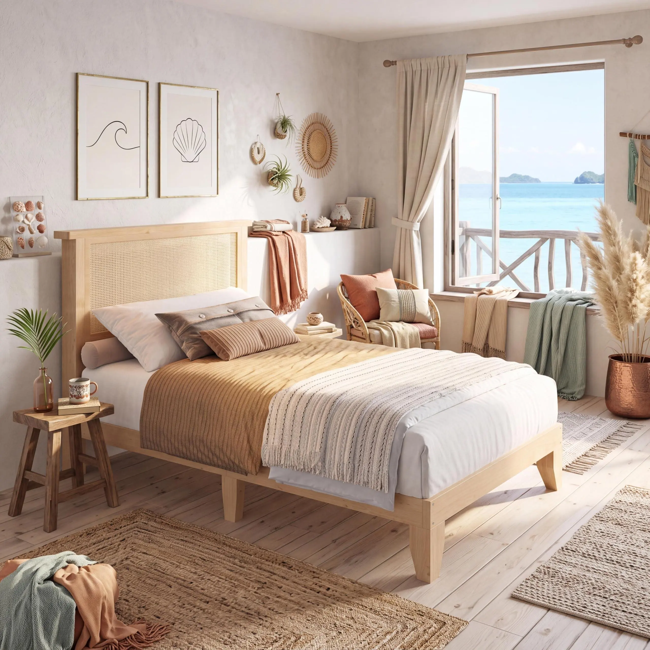 Garvee Twin Size Wood Bed Frame with LED Light and Rattan Headboard | Solid Wood Leg, Under Bed Storage, Boho Style Platform Bed