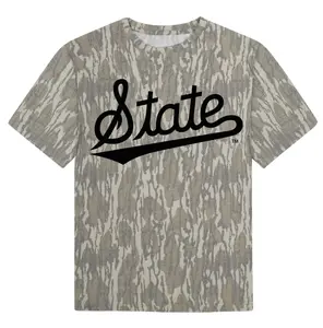 Mossy Oak State Script Black- Short Sleeve, Mossy Oak Washed Out Camo Logo Tee, Vintage Bottomland T Shirt