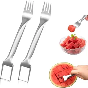 2PCS Watermelon Fork Slicer Cutter, Stainless Steel 2-in-1 Watermelon Fork Slicer, Stainless Steel Fruit Forks Slicer Knife For Family Parties Camping