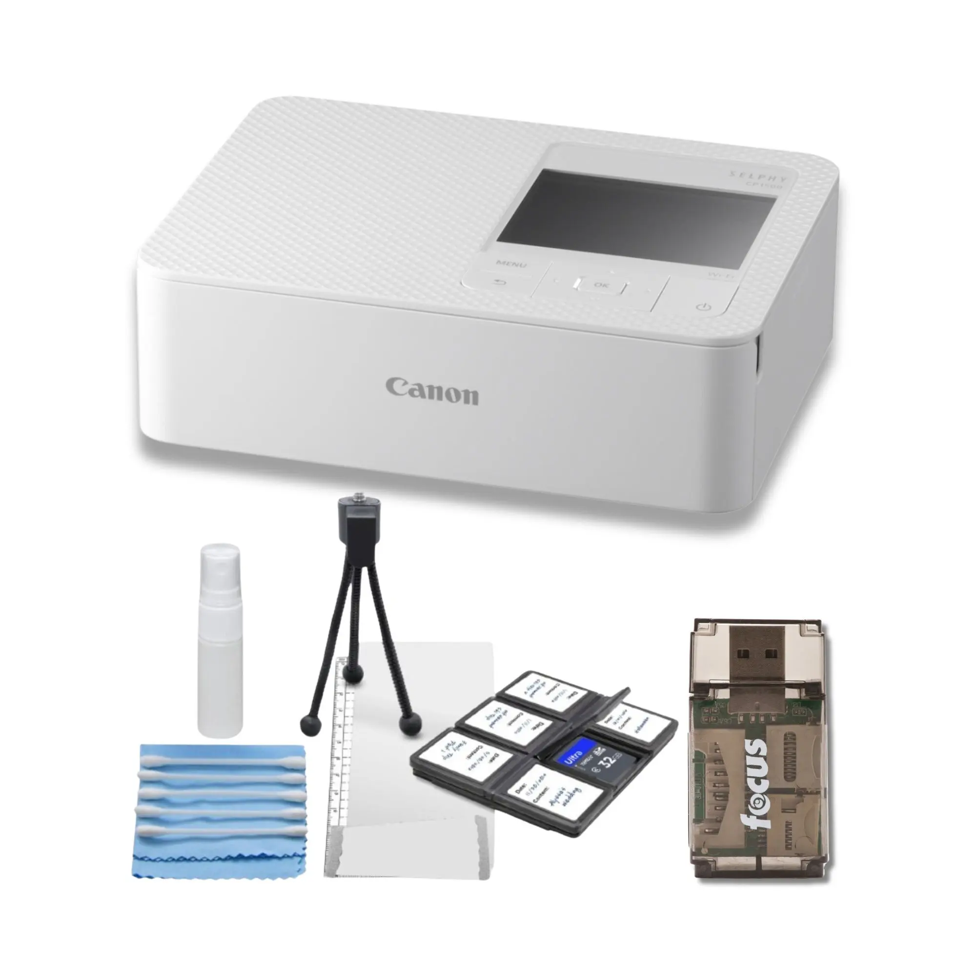 Canon Selphy CP1500 Wireless Photo Printer (White) Card Reader Bundle with AirPrint Support, Optional NB-CP2LH Battery Compatibility, Microfiber Cloth, Screen Protectors, Mini Stickers, Cotton Swabs