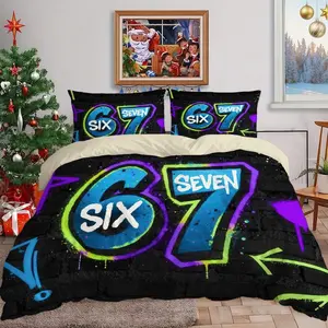 three piece set The number 67 in neon graffiti patterned digital print duvet cover set - includes 1 duvet cover and 2 pillowcases (filling not included), breathable and soft, polyester, machine washable, suitable for all seasons.