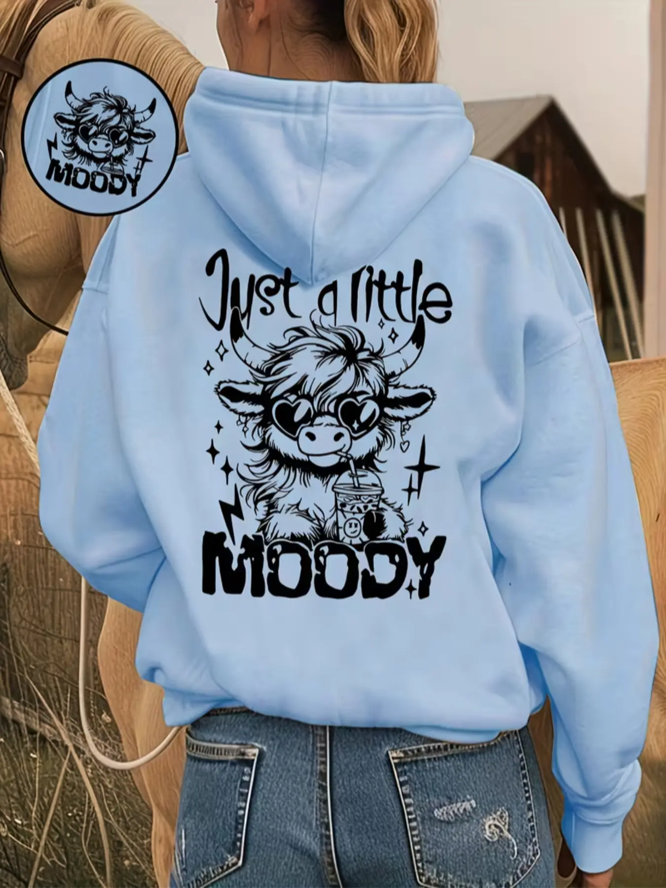 Women's Fashion Core Washed Hoodie Pullover Fitted Just a Little Moody Letter & Cow Drinking Milk Tea Print Pattern, Long Sleeve Kangaroo Pocket, Casual Everyday Fall Winter Wear Graphic Sweatshirts