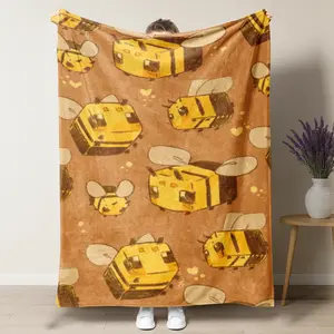 Cute Minecraft Blocky Bee Throw Blanket - Kawaii Minecraft-Inspired Honeybee Fleece Blanket for Gamers & Kids - Soft Cozy Yellow Aesthetic Room Decor for Fans