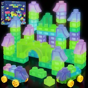 JoySpot Jelly Building Blocks 57 PCS Soft Glow in The Dark Building Blocks for Toddlers, Dream City Glow Kit, Squishy Sensory Stacking Toy with 2 Buildable Vehicles, Montessori STEM Preschool Gift for Boys Girls