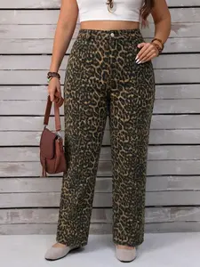 Plus Size Women's Leopard Print Casual Wide-Leg Jeans, High Waist Loose Fit, All Seasons, Elastic Fabric, Fashionable Streetwear, Pants