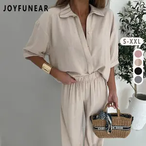 [US shipping]Joyfunear Women's Collared Shirt & Wide - Leg Pants Loungewear Set