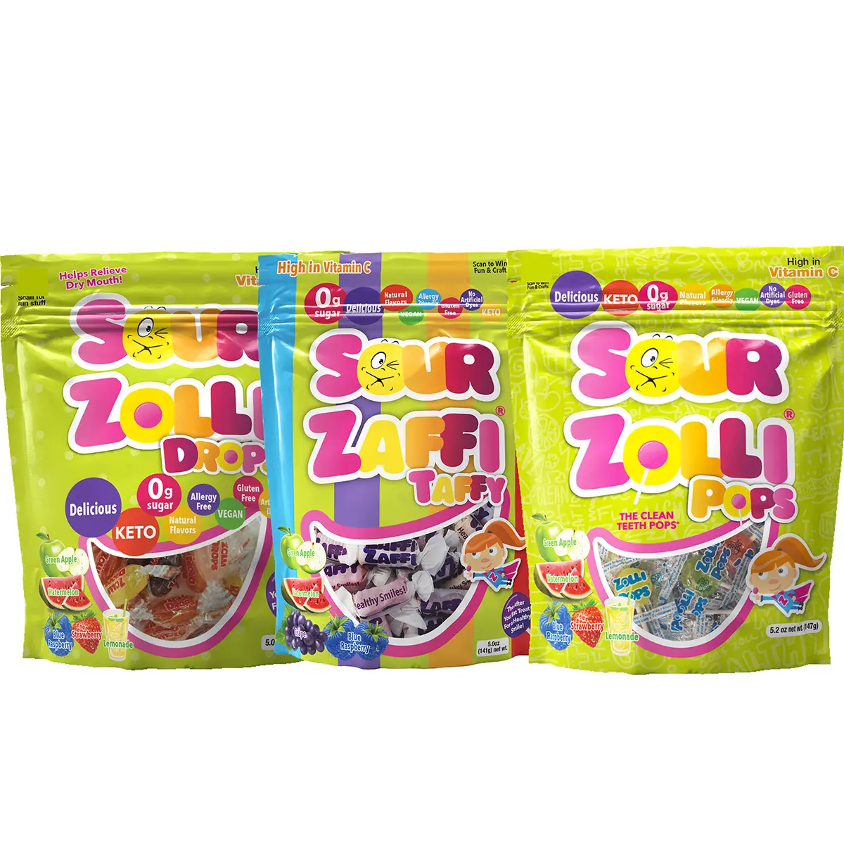 Zollipops Sour Assorted Fruit Drops, Taffy, Lollipops Bundle Delicious, Zero Sugar, Sugar Free, Vegan, KETO, Gluten Free, Allergy Friendly, No Artificial Dyes, Kosher, Clean Teeth Candy