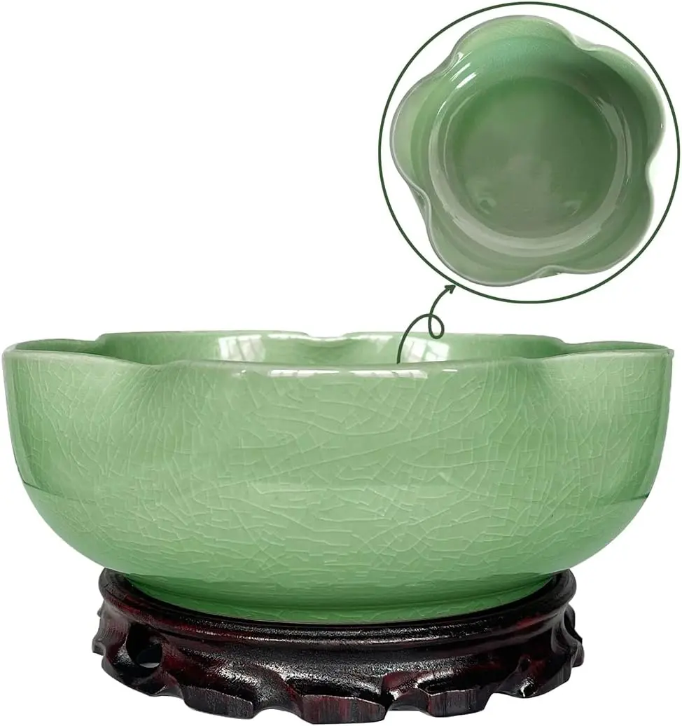 Green Ceramic Water Lotus Flower Bowl Planter with Solid  Tray, Elegant Hole-Free Ice Crack Hydroponic Water Lily Bowl Pot with Stand 7.8