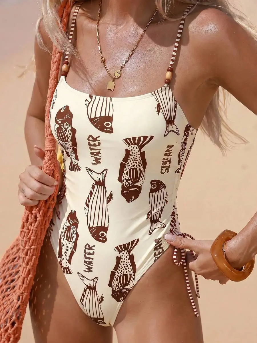 YCHIC Women Beaded Fish Print One Piece Swimsuit Beach Vacation Beige Summer