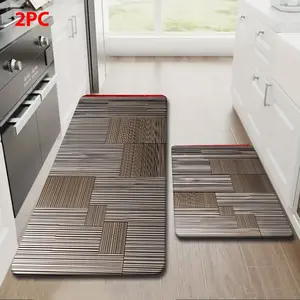 2/3 Piece Flannel Kitchen Mat Set, Vintage Geometric Wood Pattern, Non-Slip, Absorbent, Home Decor, Decorative Rug, Kitchen Area Rug
