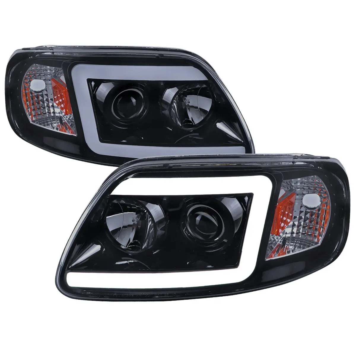1997-2004 Ford F-150 / 1997-2002 Expedition LED C-Bar Projector Headlights (Glossy Black Housing/Smoked Lens)