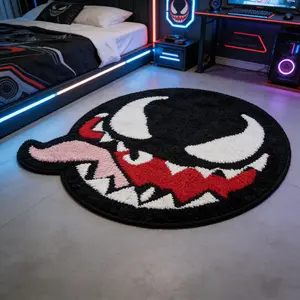 Trendy cool dark fang shaped carpet, gaming rugs, black and red powder contrasting plush floor mat, e-sports room anti slip and wear-resistant foot mat, game chair special mat, suitable for ins style/dark trendy play home decoration