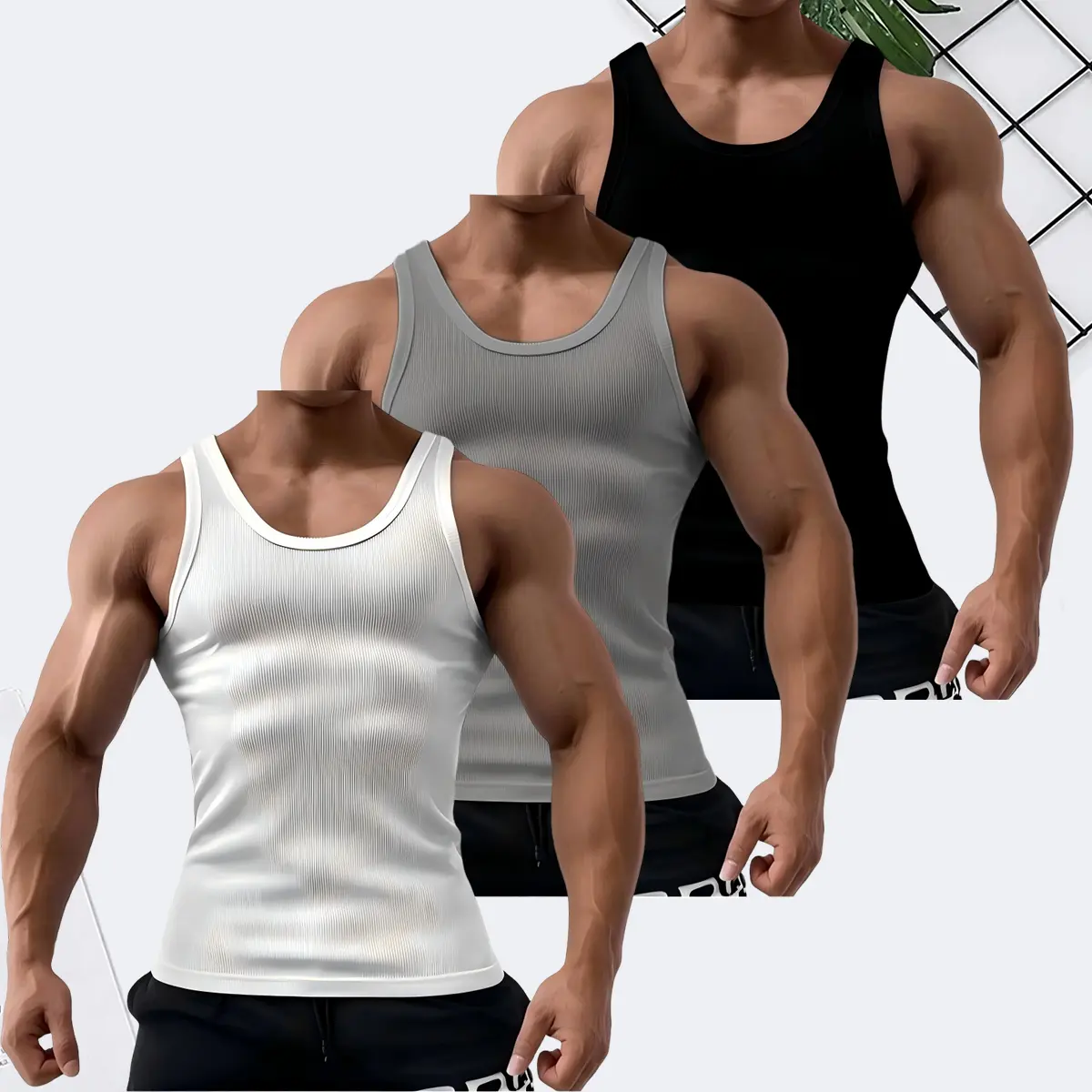 Men's 3-Pack Basic Ribbed Tank Tops - Slim Fit Stretch Sleeveless Menswear Undershirts, Non-Cotton Quick Dry Crochet Knit Fabric, Viral TikTok Wife Beater Style, Black White Grey Combo, Plain