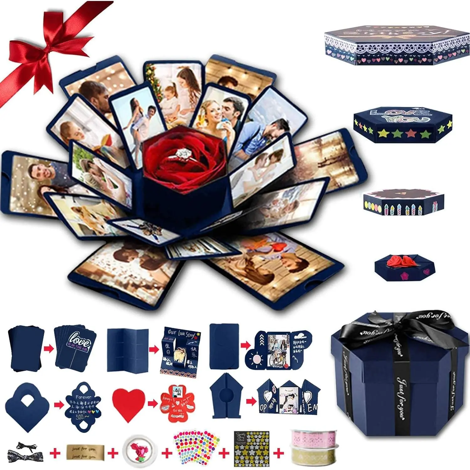 DIY Explosion Box - Assembled Finished Product, 6-Face Main Part Photo Display Box with 10-Count Adhesive Sticker Paper & Black Graffiti Cards, Surprise Double Surprise for Engagement, DIY Patterns (Blue, 4.8in x 6.4in)