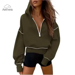 2026 Fall Winter Women’s Half Zip Cropped Hoodie, Long Sleeve Casual Sweatshirt Pullover, Fashion Streetwear Trendy Soft Comfortable Slim Fit Tops for Daily Wear Going Out School Vacation Sports Loungewear