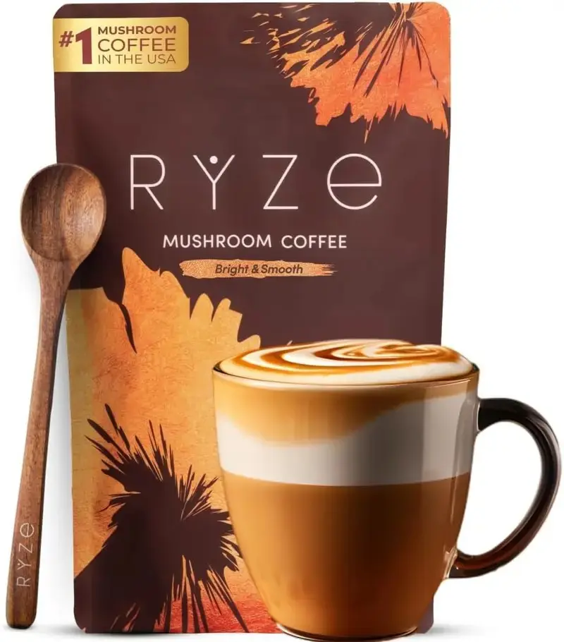 RYZE SUPERFOODS Mushroom Medium Roast CoffeeUSDA Organic with 6 Adaptogenic Mushrooms, USAGrown Instant Coffee for Better Energy, Focus DigestionImmunity with Lions Mane & Turkey Tail 30 Servings