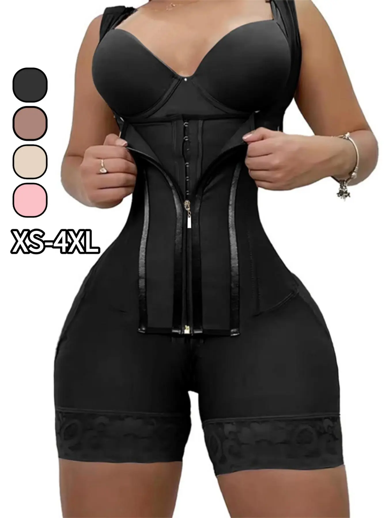 Women's Shapewear Bodysuit, Colombian Faja,BBL Fajas，Zipper Front, Adjustable, Push-Up Design, Postpartum Recovery, Versatile Use, All-Season Wear, Regular Length, Lace