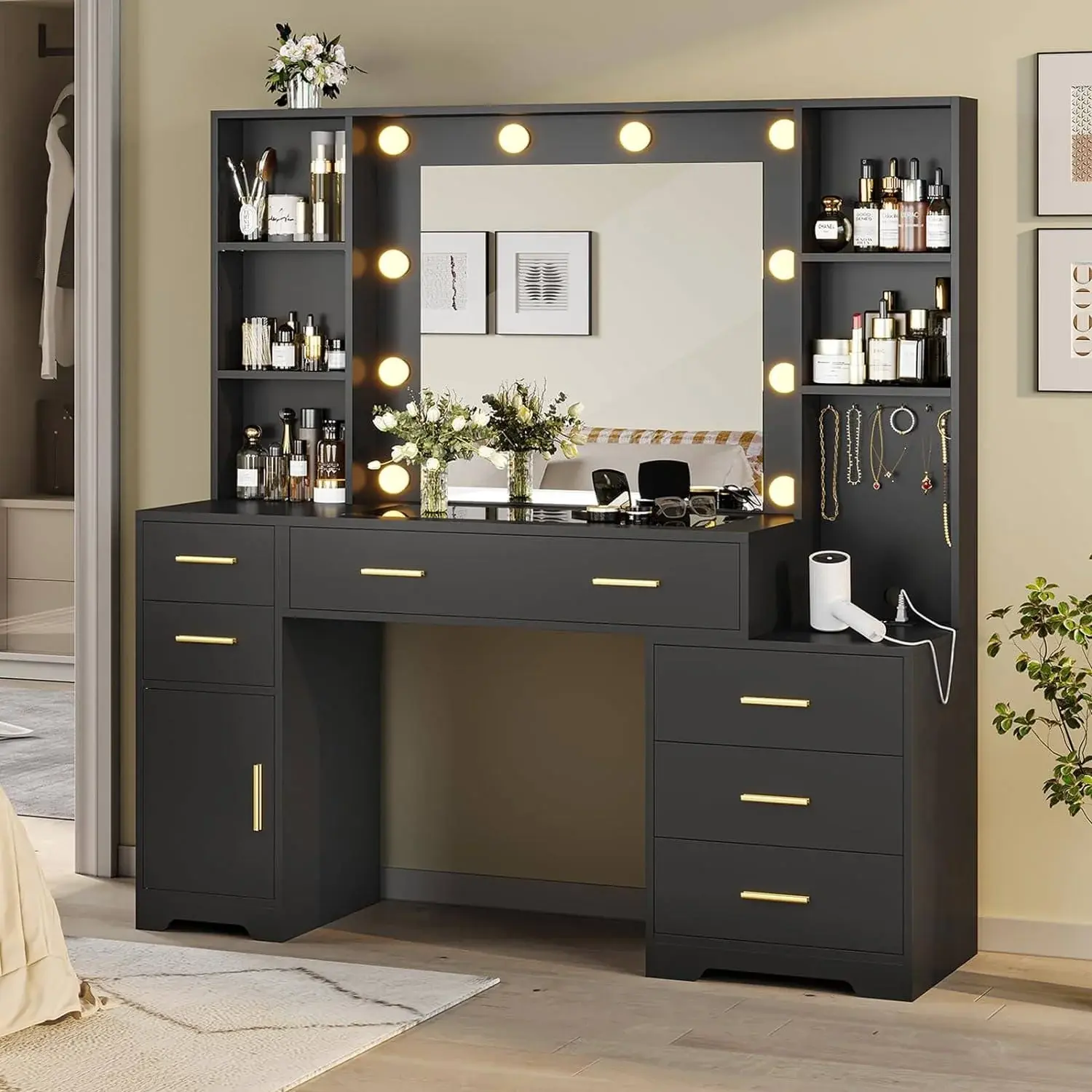 SIKAIC 48.8-Inch LED Lighted Makeup Vanity Station with Large Mirror, Modern Black Beauty Table with Integrated Charging Power Center and 6 Smooth Slideways Bins, Led Vanity Dresser, Modern Vanity Table