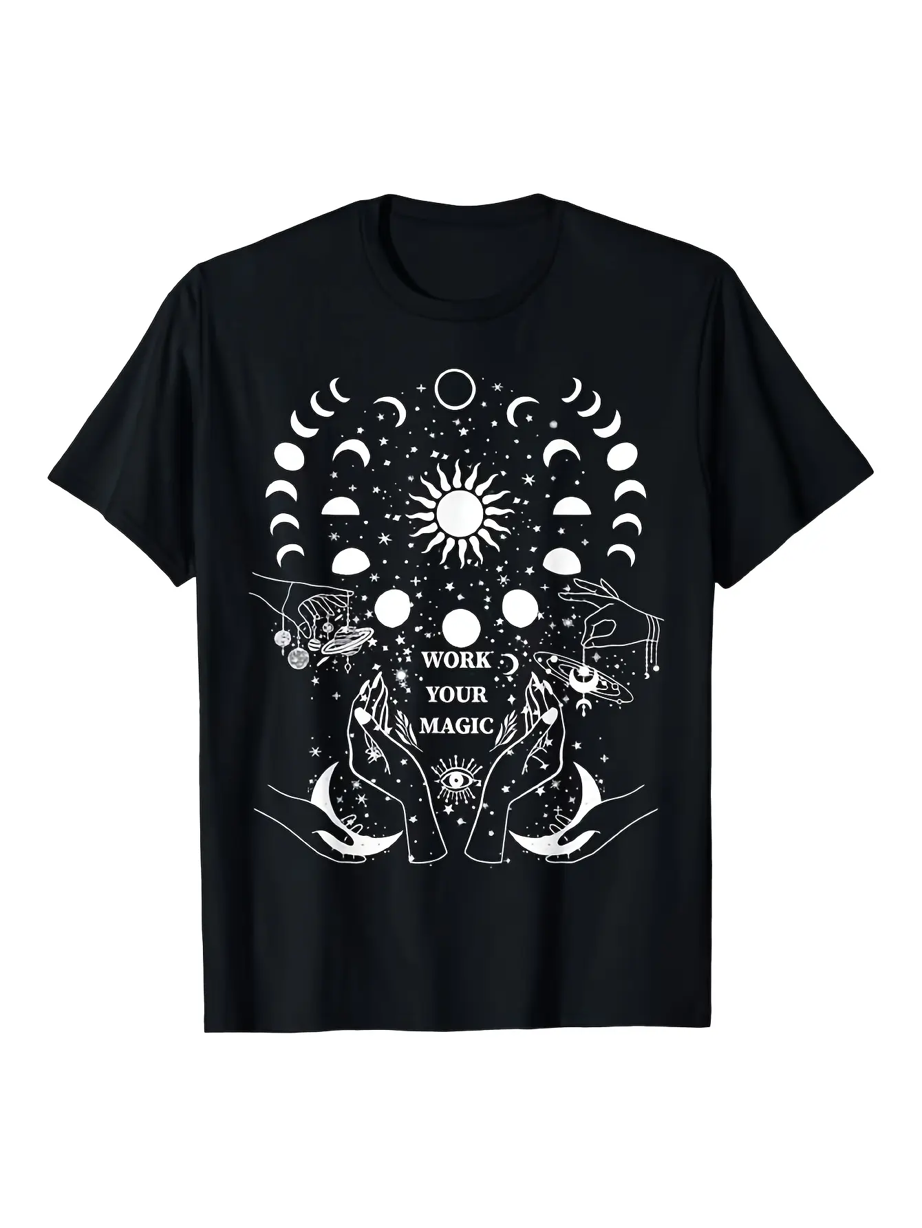 Witchy Wiccan "Work Your Magic" Graphic T-Shirt - Celestial Sun, Moon, Crescent Moons - Soft Breathable Cotton Tee for Witchcraft, Pagan, Astrology - Unisex Crew Neck Shirt for Everyday & Themed Events - Machine Washable Casual Top, Pagan Lifestyle, Mysti