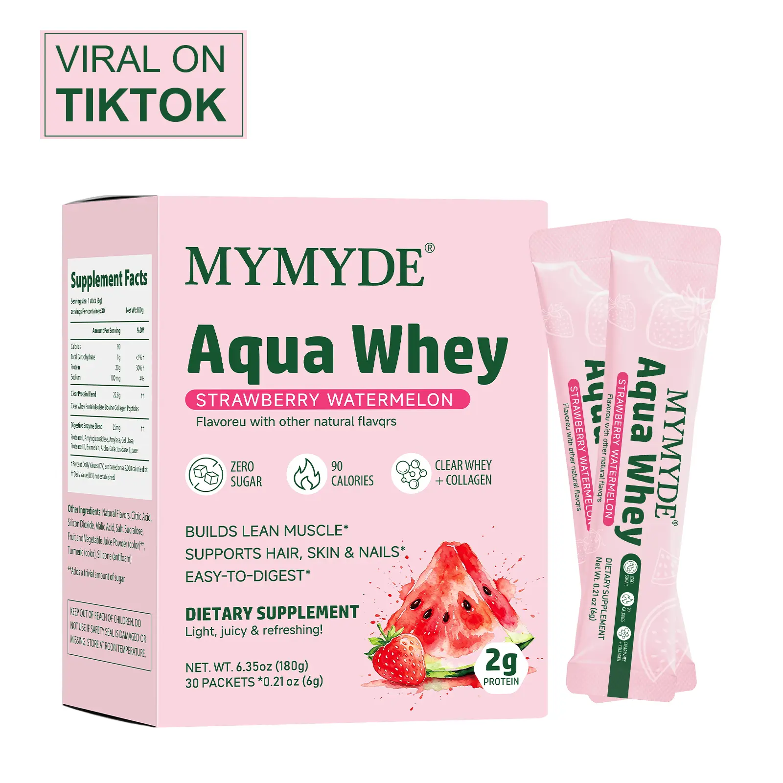 MYMYDE Whey Protein Isolate Powder Infused withCollagenPeptides & Digestive Enzymes, Strawberry-WatermelonFlavor Drink Mix, 30 Servings