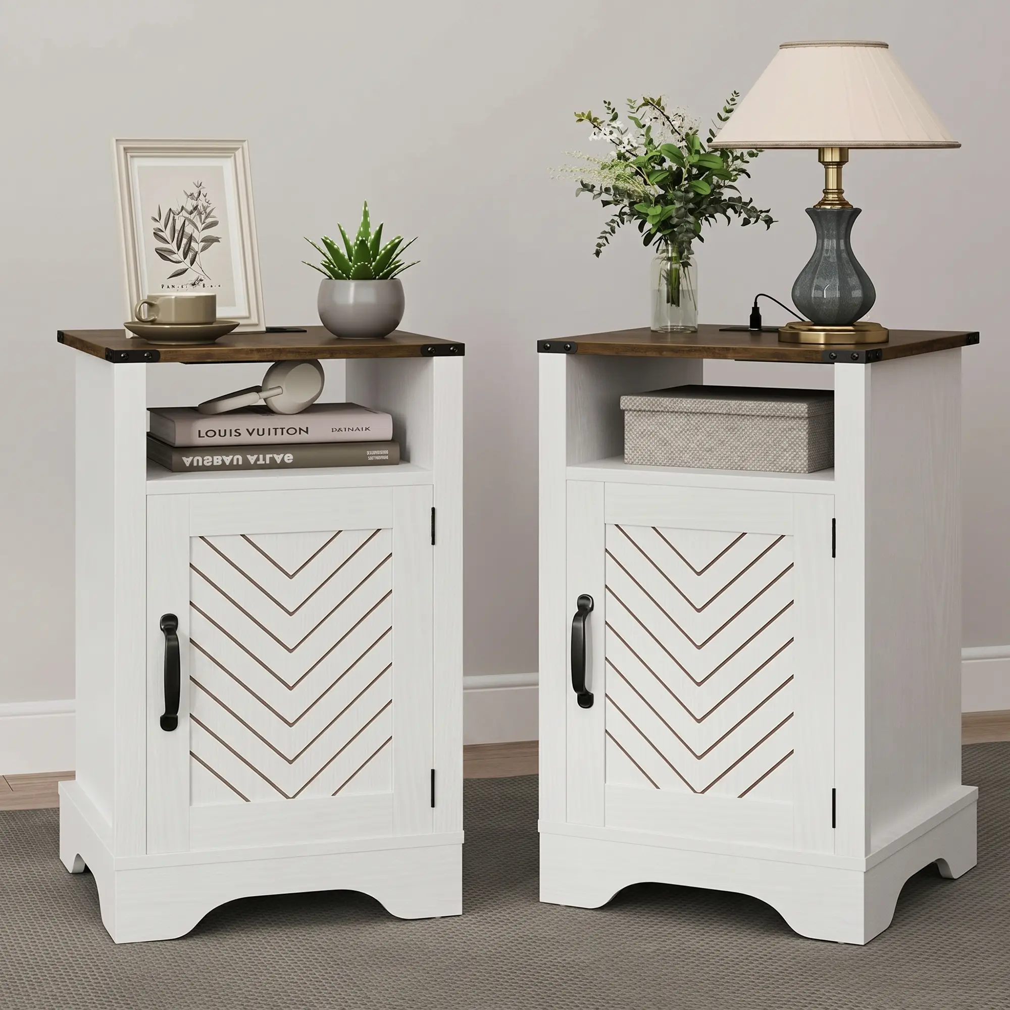 RoyalCraft Large Nightstand with Charging Station, White End Table with Drawer, Tall Bedside Table with Large Storage Room and Shelf, Wooden Table for Bedroom, Living Room