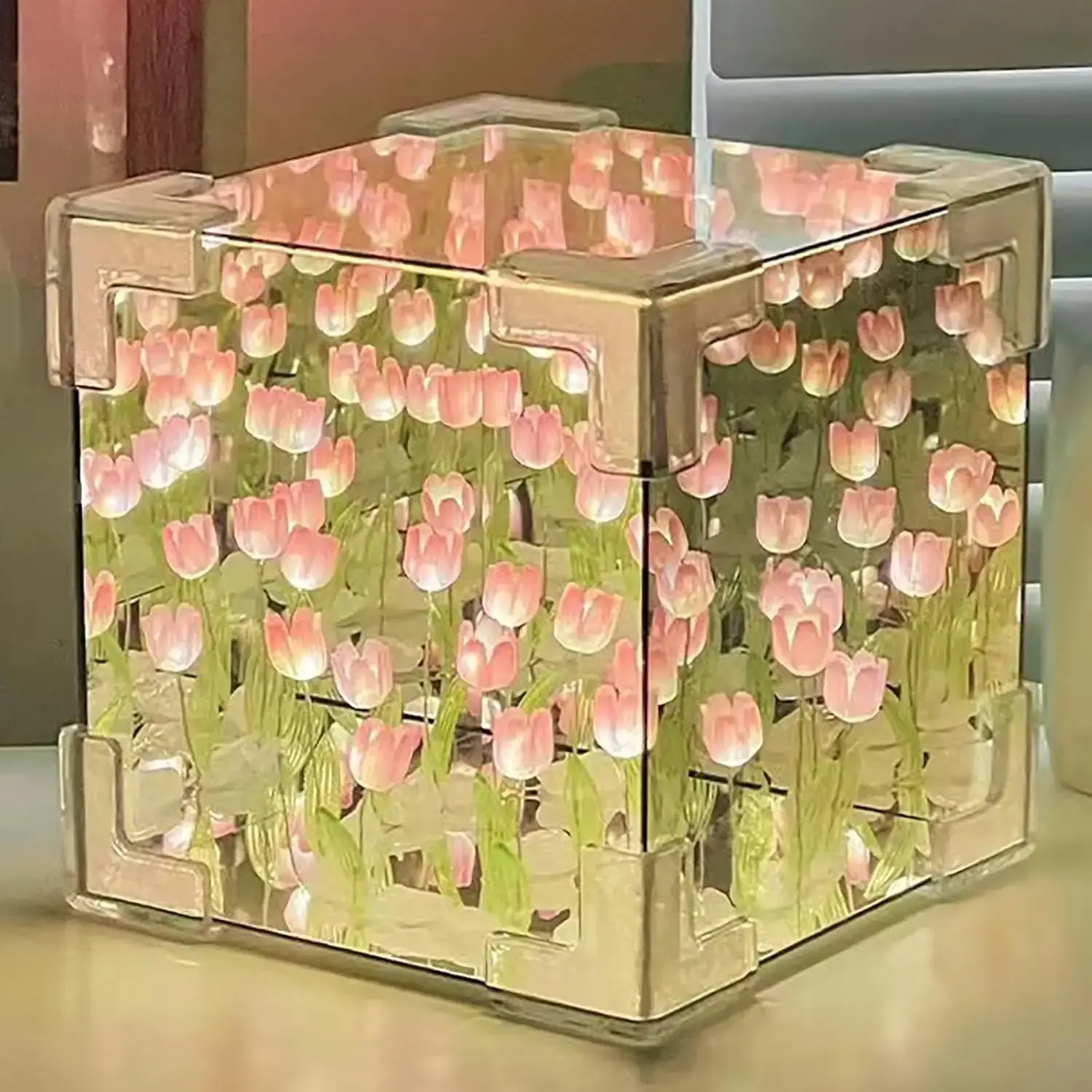 Handmade DIY Flower Cube Tulip Stereo Night Light, Romantic Tulip Mirror LED Night Light Atmosphere Light Square Shape for Home Bedroom Party Decor