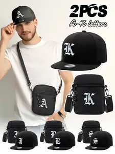 2PCS stylish Greek letter flat-brim baseball cap + crossbody bag set, Personalized Monograms. Trendy trucker hat with embroidered letter patches. A-Z letters available for both men and women for daily street hip-hop rap and travel use