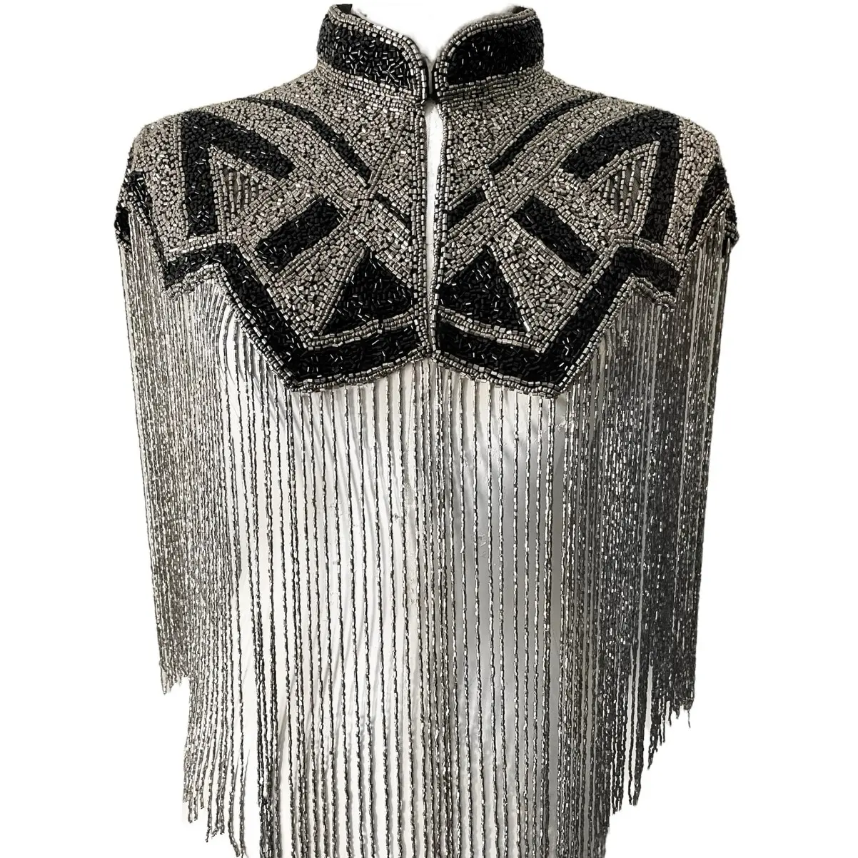 Luxe Hand Beaded Fringe Cape with Silk Collar - Gunmetal