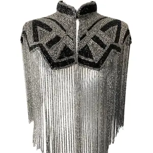 Luxe Hand Beaded Fringe Cape with Silk Collar - Gunmetal