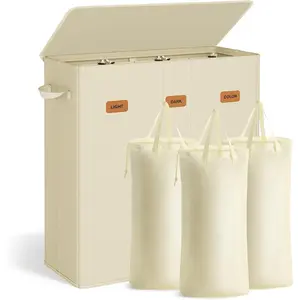 47.6 Gallon (180 L) Laundry Hamper, 3-Compartment Laundry Basket Sorter with Lid, Labels, Removable Liner Bags, for Bedroom, Cream White URLH013W01