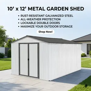 Outdoor Storage Shed 10x12 Metal Garden Shed with Lockable Doors Weatherproof Sloped Roof for Backyard Organization White and Grey Tool House for Lawn Mower Bike Storage Home Improvement Heavy Duty Outdoor Building Kit Large