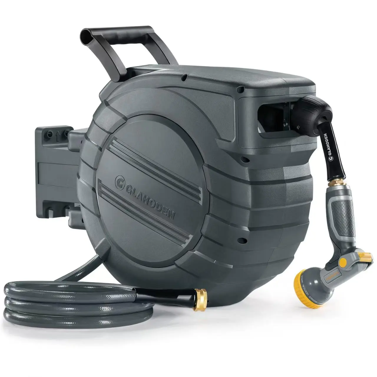 【summerfinds】GLAHODEN Upgraded Retractable Garden Hose Reel, 1/2 in x 65 ft Wall Mounted with 9-Pattern High Flow Nozzle, 180° Swivel Bracket & Automatic Watering Device, Random Free Gift (Optional Metal Bracket), 20,000-Cycle Self-Winding System, Leak-Pr