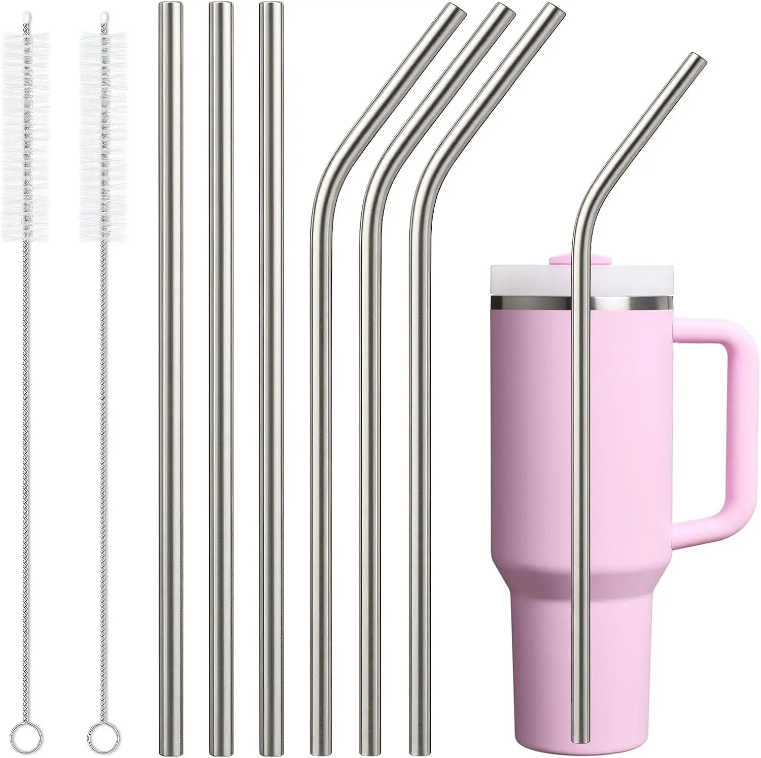 NO BRANDE 6-Pack Stainless Steel Straw Set, 3 Straight + 3 Curved BPA-Free Reusable Metal Straws (12in) with Cleaning Brush, Kitchenware Bar Utensil Tumbler Accessories