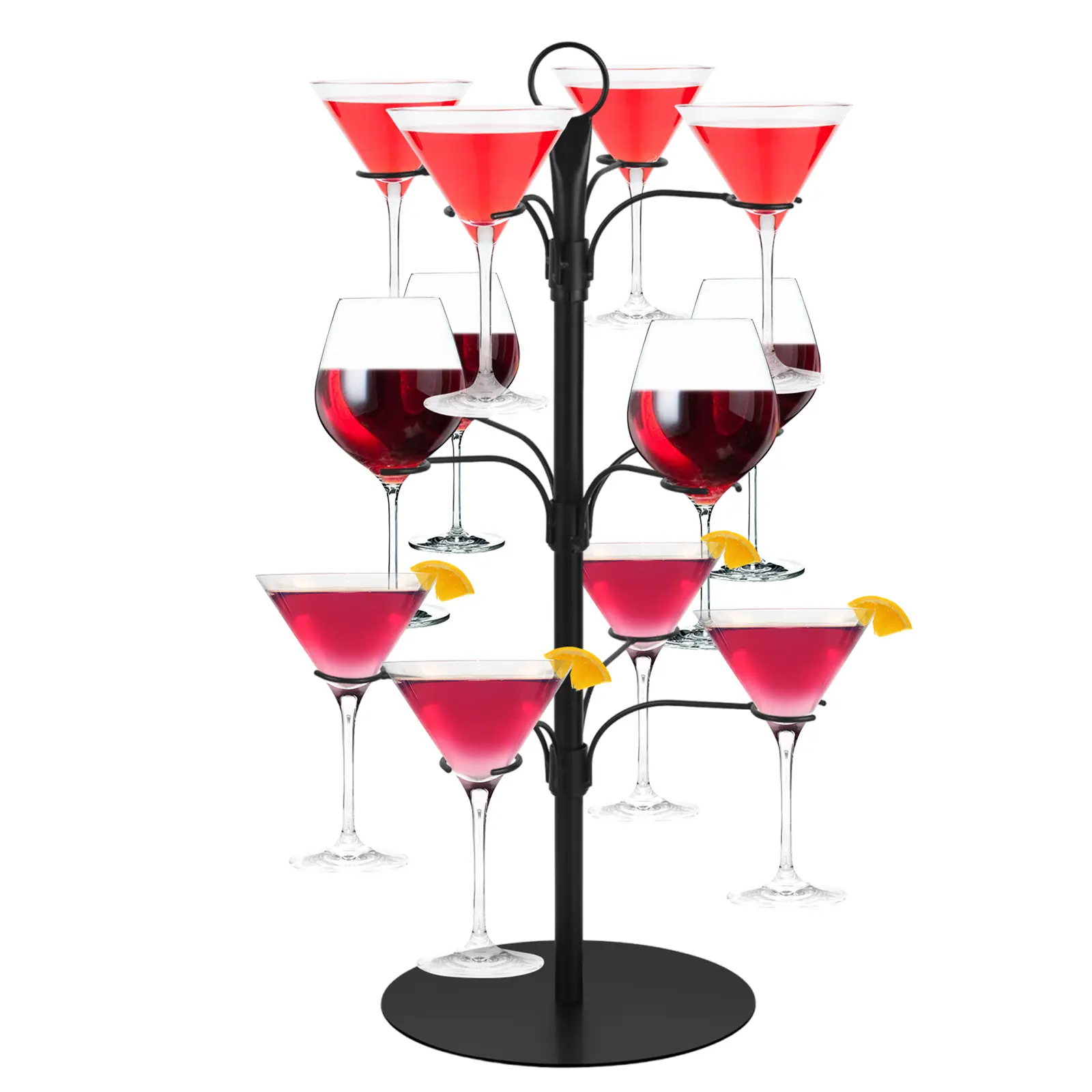 3-Tier 12-Holder Metal Champagne Tree Stand, Easy Setup Wine Glass Rack for Drinks, Cocktail/Margarita Cup Display, Compact Storage, Black/Gold Bar & Wine Utensil for Wedding Parties, Three Tiers Modern Home
