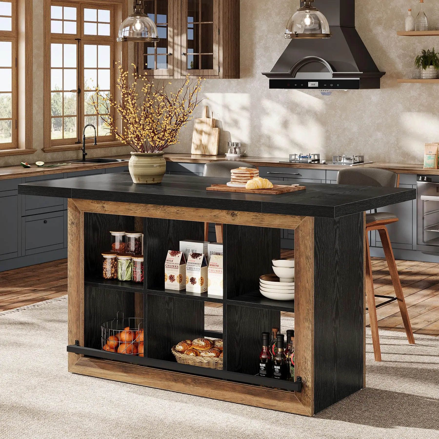 Tribesigns Kitchen Island Table With Storage, Counter Height for Dining Room, 6 Open Cubbies And Footrests