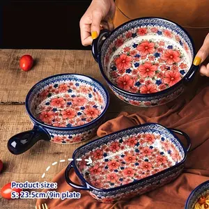 Hand-Painted Ceramic Baking Dish with Handles, Rectangular Embossed Design for Salads & Cheese Dishes, Perfect for Home Kitchens