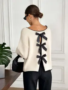Elegant Chic Women's Bow Shoulder Long Sleeve Fitted Knitwear Sweater, Back Bow Design, Perfect for Fall, New Year, Parties, Graduation, Casual Wear