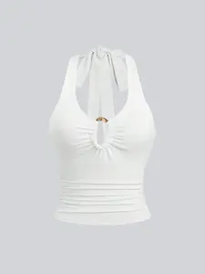 Women's Slim Fit Summer Halter Top: Sexy Midi Cutout with Twist Detail & Adjustable Metallic Tie Closure - Backless Solid Color Beach Cover-up, Perfect for Effortless Style on Beach Days & Casual Outings.