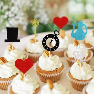 12PCS - Alice in Wonderland Cake Topper Decoration - Heart-shaped Magic Hat Series Cake Topper, Cake Decorating Supplies, Ideal for Birthdays, Wedding Parties, and Carnival Theme Decorations